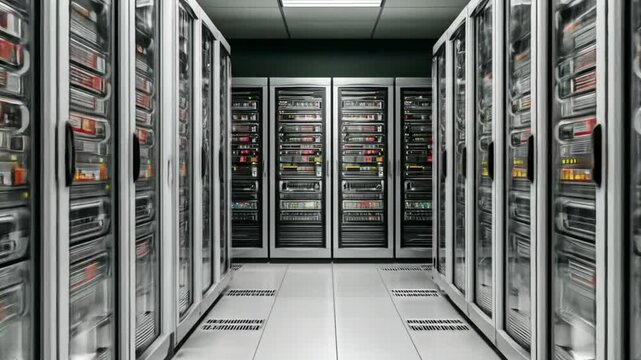 Long rows of modern server racks in a well-lit data center environment