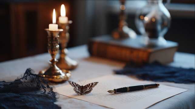 Candlelit seminar table with vintage items and dark academia theme