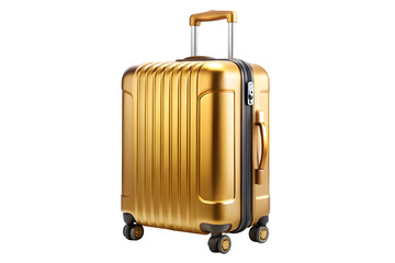 Luxury golden hard shell suitcase with telescopic handle isolated on transparent background