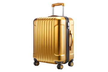 Luxury golden hard shell suitcase with telescopic handle isolated on transparent background