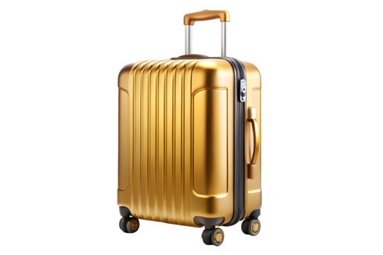 Luxury golden hard shell suitcase with telescopic handle isolated on transparent background