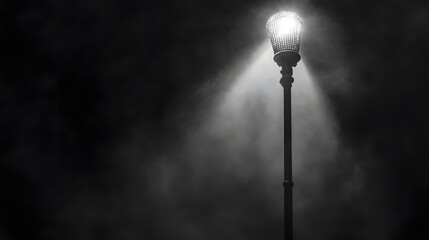 Solitary street lamp illuminates night, casting soft glow through misty darkness, creating atmospheric and mysterious scene