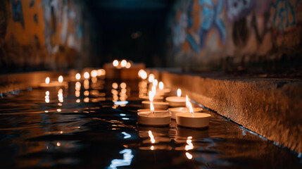 A moody candlelit canal tunnel with drifting boats and Latin graffiti
