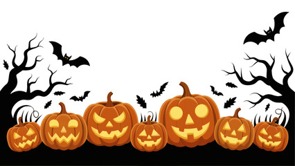Spooky Halloween pumpkins with glowing jack-o-lantern smiles and eerie bats in a night scene transparent PNG, isolated background
