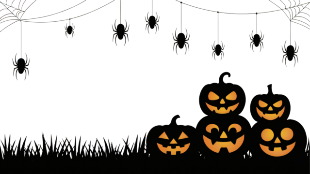 Spooky Halloween scene with glowing pumpkins, spiderwebs and spiders for eerie seasonal celebrations transparent PNG, isolated background