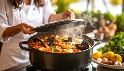 Chef cooking seafood stew in a large pot with steam rising, showcasing fresh ingredients and culinary expertise