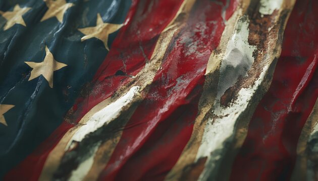 This is a detailed, close-up abstract view of the American flag with strong textures and a dark color palette. - Powered by Adobe