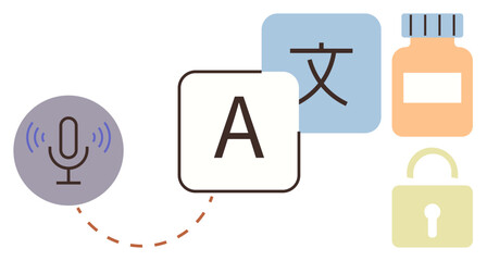 Microphone connecting to language and translation blocks, medicine container, and padlock. Ideal for communication, multilingual tools, healthcare, privacy, accessibility, innovation education
