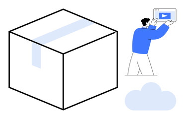 Cardboard box with tape, cloud icon, and man presenting a screen with a play button. Ideal for storage, logistics, digital media, cloud computing, content sharing, technology simple landing page