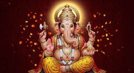 Traditional Ganesha Idol Against Warm Red Background with Falling Petals and Golden Aura