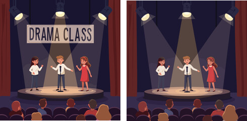 Drama class performance with students expressing excitement on stage under spotlight