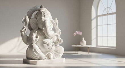 Elegant White Ganesha Statue in Bright Modern Interior with Arched Window and Soft Light