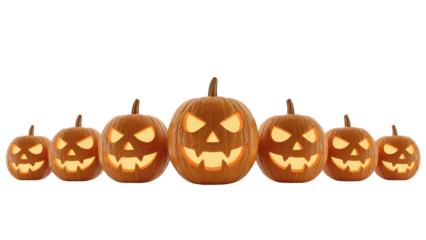 Spooky Halloween jack-o'-lanterns glowing with eerie light, perfect for frightful season decorations transparent PNG, isolated background