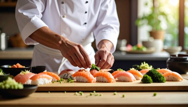 Chef skillfully preparing fresh salmon sushi and nigiri with vibrant garnishes in a professional kitchen setting, a culinary delight.