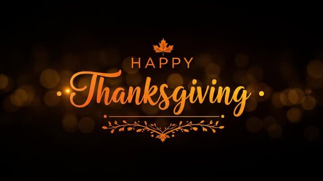 Happy thanksgiving text with maple leaf and decorative flourish on dark bokeh background for the holiday season
