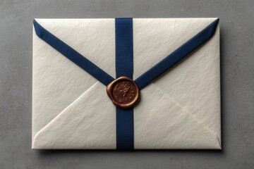 vintage envelope tied with blue ribbon and bronze wax seal