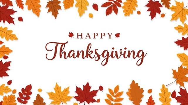 Happy thanksgiving text with maple leaf border in shades of orange and brown on a white background