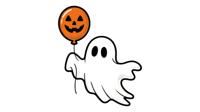 Spooky Halloween ghost carrying pumpkin balloon brings festive cheer for Halloween holiday celebrationtransparent PNG, isolated background