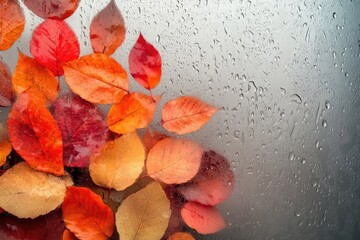 Colorful autumn leaves cling to a window pane covered in raindrops, evoking a cozy, melancholic fall aesthetic.