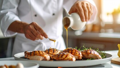 Chef garnishing grilled chicken with sauce, ready to be served at a restaurant