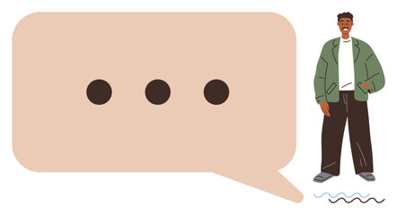 Man in casual clothing next to a beige speech bubble with ellipses. Ideal for communication, conversation, dialogue, social interaction, messaging, ideas sharing, and casual discussion. Simple flat