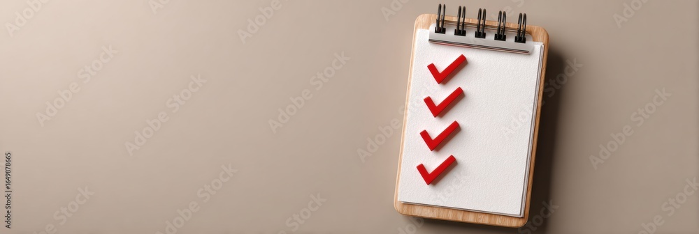 Poster checklist on wooden notepad with red checkmarks highlighting completed tasks for efficient planning