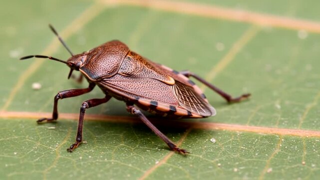 Macro Photography of a Brown Stink Bug on a Leaf