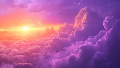 A radiant sun sets over a vast expanse of cumulus clouds, illuminating them with a gradient of warm orange, pink, and purple, while distant stars twinkle in the darker upper sky.