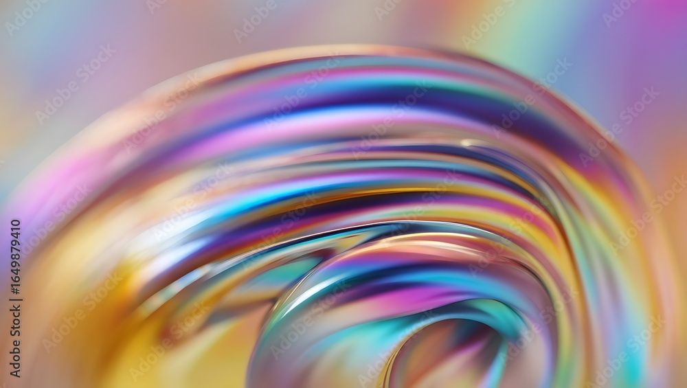 Poster vibrant iridescent swirling abstract form showcasing a spectrum of rainbow colors with glossy reflec