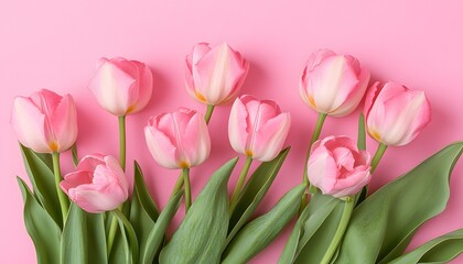 Obraz premium Nine fresh pink and white tulips with vibrant green stems and leaves are arranged neatly against a seamless, solid pink background.