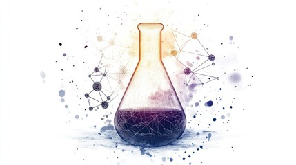 Erlenmeyer flask with purple liquid against a backdrop of molecular structures and watercolor