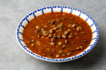 Traditional Turkish food, Okra Soup - Konya Style; Dried Okra Soup - Turkish name; bamya corbasi