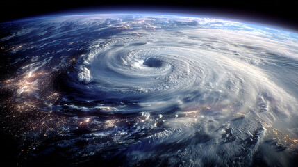 Aerial view of a powerful cyclone over the ocean surface with spiraling clouds
