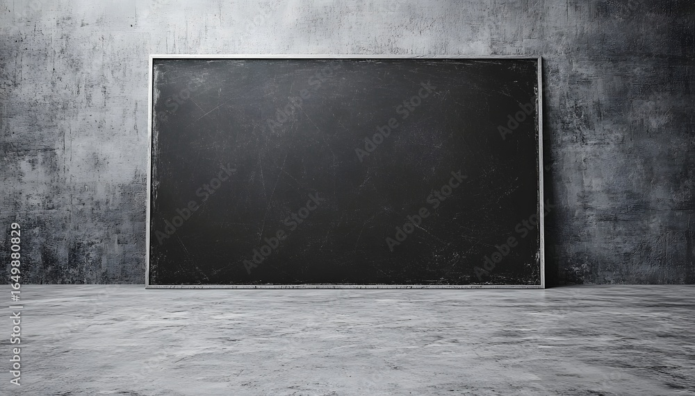 Poster an empty black chalkboard with a silver frame leans against a distressed gray wall in an industrial 