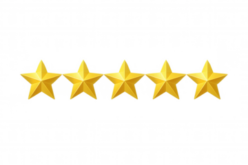 Golden stars symbolizing top-tier customer rating, arranged in perfect alignment against transparent backdrop