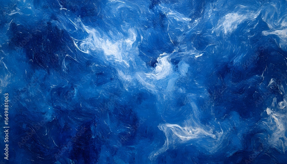 Poster this abstract image presents a vibrant deep blue background with dynamic white splashes, creating a 