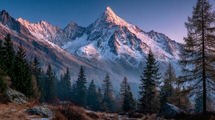 Majestic mountain range at sunrise with soft pink and orange hues over snowy peaks and misty valleys.