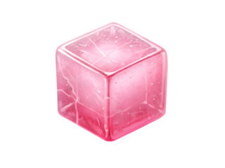 A single pink ice cube with a translucent crystalline texture isolated on transparent background