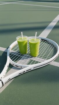 matcha drink on tennis racket and ball
