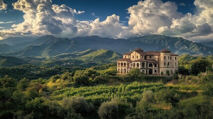 Mountain villa, sunset, vineyard, Italy, landscape