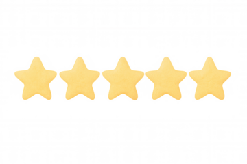 Golden stars ranking top performance, indicating premium quality and stellar customer experience on clean transparent backdrop