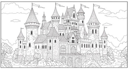Enchanting Fairytale Castle in a Magical Kingdom Coloring Page.