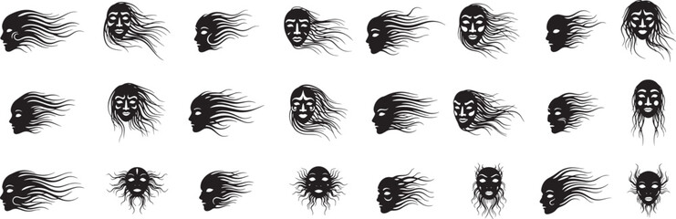 Collection of stylized black and white faces with flowing hair in various orientations and expressions