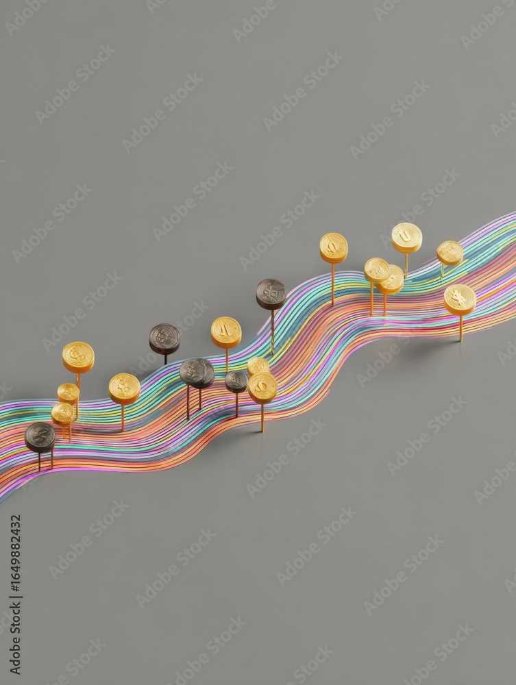 Poster colorful wires with pins create an abstract design on a gray surface highlighting creativity and inn