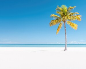 Obraz premium Tropical beach scene with a lone palm tree silhouetted against a vibrant blue sky and calm turquoise water. White sand dominates the foreground, creating a clean and serene aesthetic