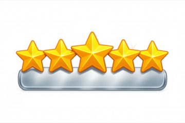 Five shiny, golden cartoon stars over a silver banner represent a five star rating against a transparent background