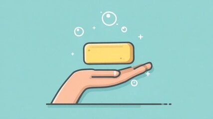 A hand holding a bar of soap.  Simple, flat illustration of a hand holding a yellow bar of soap against a light teal background. 