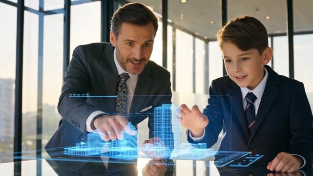 A father and son in suits examine a holographic building projection on a table, both smiling and interacting with the futuristic display.