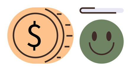 Coin with dollar sign, green happy face, progress bar at the top. Ideal for finance, growth, happiness, success, progress business customer satisfaction. Clear and simple flat metaphor