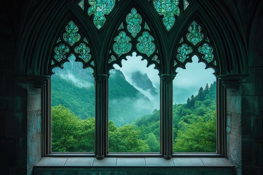A gothic window frames a lush, green mountain landscape veiled in mist, blending architecture with the serenity of nature.